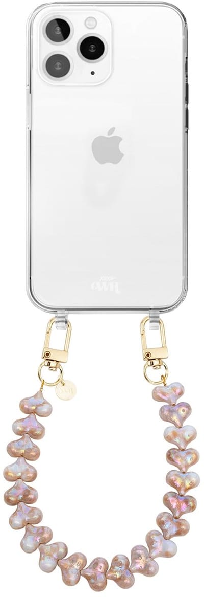 xoxo Wildhearts siliconen hoesje - Geschikt voor iPhone 12 Pro Max hoesje - Funky Hearts (Champagne Pearl) - Telefoonhoesje - Hoesje met koord - Champagne / Beige koord - kort telefoonkoord - Hartjes ketting - Transparant hoesje
