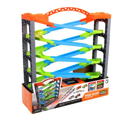 KiddyGo racebaan speelgoed - deluxe racebaan met 5 lagen en 2 auto's.