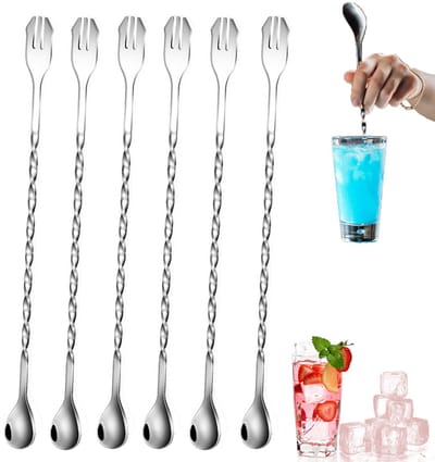 6 stuks - Roerlepel - spatel - cocktail lepel - barlepel - Roerstaaf met lange steel - Barroerlepel met punt - Dubbelzijdige cocktaillepel - Lepel met vorkvormige kop - Gebruikt voor het roeren en mengen van vloeistoffen en ijs