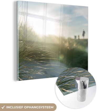 MuchoWow® Glasschilderij 90x90 cm - Schilderij acrylglas - Strand - Duin - Zon - Foto op glas - Muurdecoratie woonkamer - Wanddecoratie slaapkamer - Schilderijen