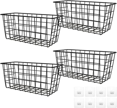 4 stuks metalen manden, zwart, draadmand, opbergmand met kleefhaken, metalen mand, zwart, hangende wandmand, rastermand, metalen opbergmand voor badkamer, keuken, kantoor (28 x 12 x 12,5 cm)