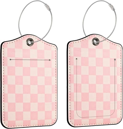 Set van 2 PU Leren Bagagetags voor Koffers, Waterdichte Reislabels met Privacyflap en Metalen Lanyard, Ideaal voor Cruisereizen en Handtassen, Roze Geruit Ontwerp