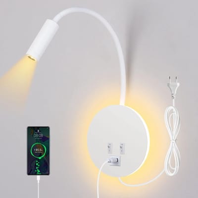 leeslamp bed, 3W+8W bedlamp met schakelaar en USB opladen, LED wandlamp leeslamp 360° draaibare zwanenhals met stekker en kabel voor slaapkamer, wit