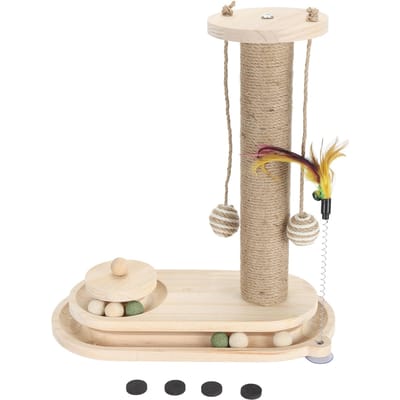 Arbre à chat griffoir 2 étages circuit de balles interactif grand griffoir pour chaton avec baguette de jeu pour beige