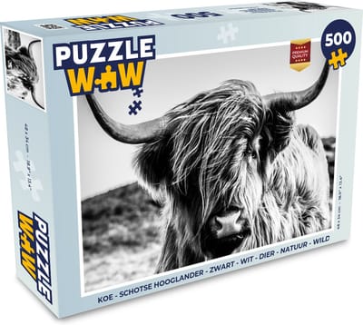 Puzzel Koe - Schotse hooglander - Zwart - Wit - Dier - Natuur - Wild - Legpuzzel - Puzzel 500 stukjes