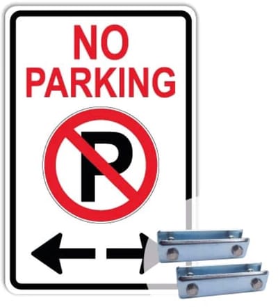 Bord No parking met pijlen - Weerbestendig Aluminium - 40x60 cm - Bevestiging: Met hekbeugels (voor spijlen- of gaashek)