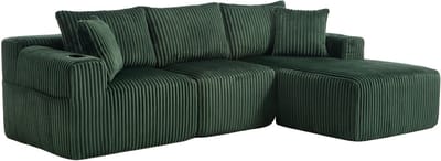 Modulaire bank set met chaise longue & 2-zitsbank, zacht koeiedoek, met 5 kussens, zijzakken & drankhouders, hoogdicht schuim, DIY-combinatie, ideaal voor woonkamer, appartement & studio-Smaragd