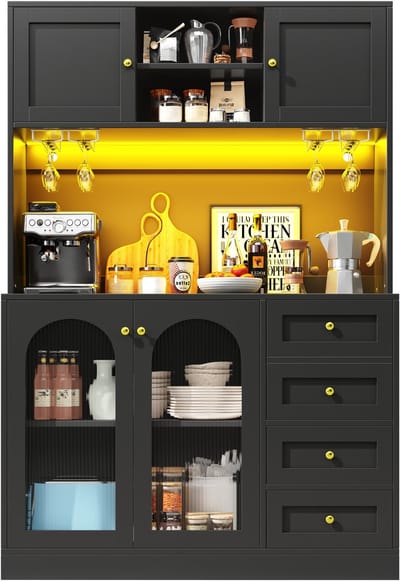 pbergkast / Keukenkast / Buffetkast, 120x40x188cm, Landelijke stijl, 4 deuren, met LED-verlichting & flessenhouders, zwart