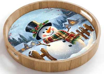 Dienblad rond 40x40 cm - Schootdienblad hout - Sneeuwpop - Winterdorp - Kleurrijk - Borrelplank rechthoek - Plateau houten dienbladen