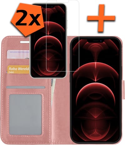 Hoes - Met 2x Screenprotector - Geschikt voor Apple iPhone 13 Mini - Luxe Pasjeshouder - Bookcase Portemonee - Flip Case - Kunstleer Book Case - Flipcase Hoes - Book Cover - Walletcase - PortemonneeHoes - Rosé goud