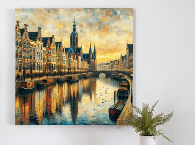 Olieverf groningen schilderij | Kleurrijk landschap schilderij: Groningen, stad van kunst en cultuur | Kunst - 80x80 centimeter op Forex | Foto op Forex