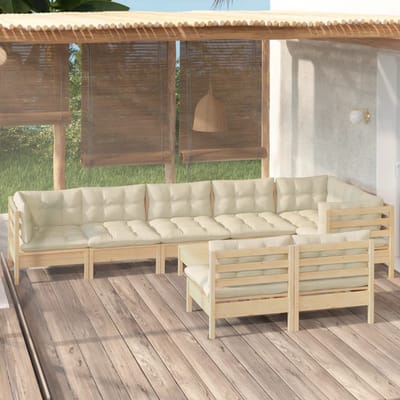 vidaXL - 9-delige - Loungeset - met - crèmekleurige - kussens - massief - grenenhout