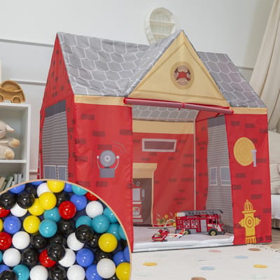 Selonis Speeltent Brandhuis Met 100 Ballen Opvouwbaar Voor Kinderen Realistisch Ontwerp Duurzaam En Veilig Makkelijk Te Monteren Binnen En Buiten, Rood-Grijs:Zwart/Wit/Blauw/Rood/Geel/Turquoise