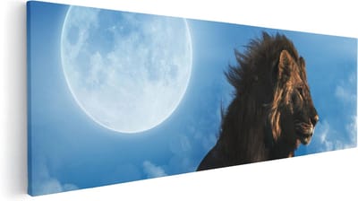 Artaza Canvas Schilderij Leeuw Bij Volle Maan - 60x20 cm - Muurdecoratie Dierenkop - Wanddecoratie Woonkamer - Kamer Accessoires