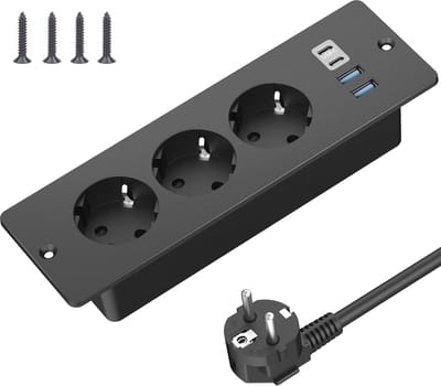 Tafelstopcontact met USB-C en 2 meter Kabel - 3-voudige Inbouwstekkerdoos voor Werk- en Vergadertafels