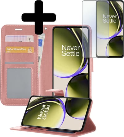 Hoesje - Met Screenprotector - Geschikt voor OnePlus Nord CE 3 Lite - Luxe Pasjeshouder - Bookcase Portemonee - Flip Case - Kunstleer Book Case - Flipcase - Book Cover - Walletcase - Portemonneehoes - Telefoonhoesjes - Rosé goud