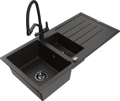 Mexen Andres granieten gootsteen 1,5-komor met afdruiprek en keukenkraan Duo, zwart/gouden metallic - 6515-75-671701-70-B