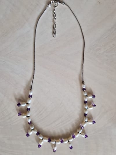 Gemstones-silver ketting 925-sterling zilver met zoetwaterparel en amethist 43 cm verlengbaar 5 cm 12 g