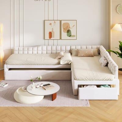 L-vormig gestoffeerd bed 90x200 - Bed met onderschuifbed voor extra slaapplaats - Beige fluwelen bed - Met opberglades, 295,5 x 95,5 x 57,5 cm