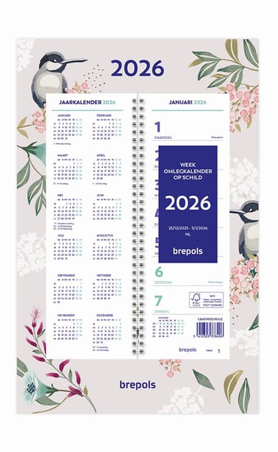 Brepols Week omlegkalender 2026 - Fantasy - Week begint op maandag - 20 x 31 cm - Beige - Vogel
