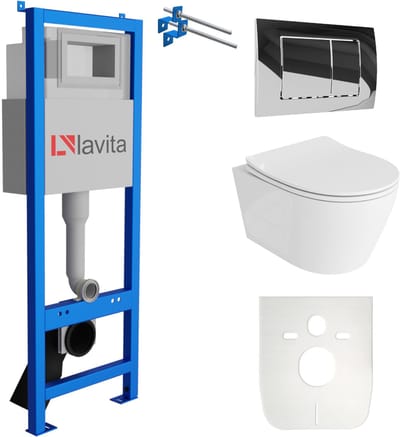 LAVITA® Inbouwreservoir Complete Toiletset LAV 101 - Inbouw WC Hangtoilet Wandcloset PRAIA Wit Hoogglans - Bedieningsplaat 200.1.2 Chroom - Voorwandelement voor toilet 40cm - Installatiesysteem
