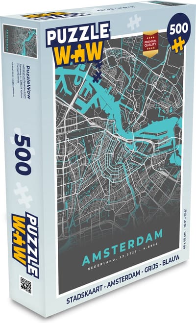 Puzzel Stadskaart - Amsterdam - Grijs - Blauw - Legpuzzel - Puzzel 500 stukjes - Plattegrond