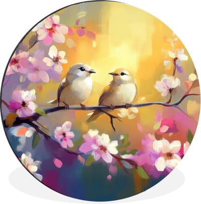 WallCircle - Wandcirkel - Muurcirkel - Vogels - Bloemen - Roze - Aluminium - Dibond - 30x30 cm - Binnen en Buiten