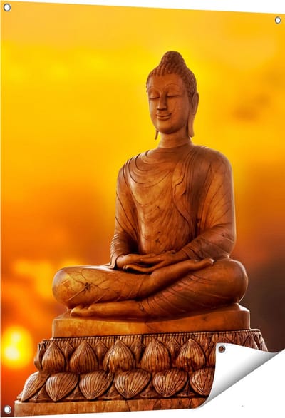 Gards Tuinposter Boeddha Standbeeld bij Zonsondergang - 80x100 cm - Tuindoek - Tuindecoratie - Wanddecoratie buiten - Tuinschilderij