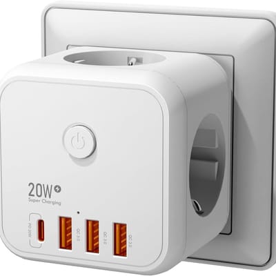 Verdeelstekker voor Stopcontact - PD 20W Snellader - 3 Stopcontacten & 3 USB Poorten (USB-C & USB-A) - Compacte Wandstekker - Reisstekker met Overbelastingsbeveiliging - Wit
