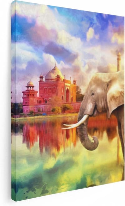 Artaza Canvas Schilderij Olifant India - 30x40 cm - Klein - Wanddecoratie Dieren - Muurdecoratie Taj Mahal - Kamer Accessoires Woonkamer