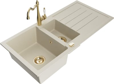 Mexen Andres granieten gootsteen 1,5-komerig met afdruiprek en keukenmengkraan Carla, beige - 6515-69-670700-50