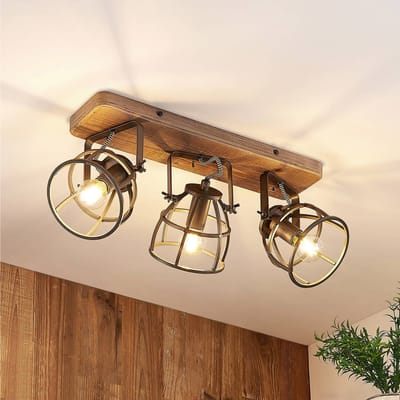 Lindby - plafondlamp hout - 3lichts - Metaal, hout - H: 20 cm - E14 - zwart, bruin