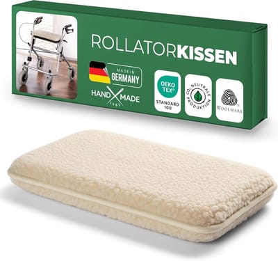 Novaliv rollator zitkussen, natuurlijke scheerwol, 3 cm dikke vulling, 40 x 20 cm, antislip 2-bands bevestiging, lichtgewicht, vormvast, geschikt voor senioren/dagelijks gebruik, handgemaakt in Duitsland