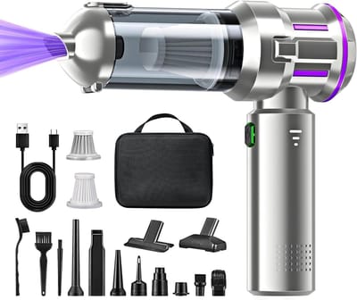 4-in-1 Draadloze Handstofzuiger, Mini Auto Stofzuiger Stofblazer, 16.000 Pa Krachtige Krachtige Zuigkracht borstelloze motor, 6000mAh batterij, 1-touch leegmaken, voor auto/thuis Zwart, EVA-tas