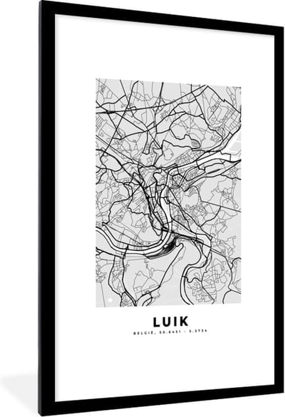 Fotolijst incl. Poster Zwart Wit- Stadskaart – Plattegrond – België – Zwart Wit – Luik – Kaart - 80x120 cm - Posterlijst