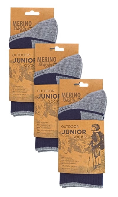 3-Paar Multipack Kinderen Merino Wol Wandelsokken | Lichtgewicht Anti-Blaren Sokken voor Jongens & Meisjes - Marineblauw