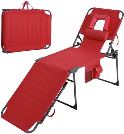 Ligstoel Opvouwbaar met Gezichtsuitsparing - Verstelbare Rugleuning 5 standen - Outdoor Sonnenbed met Zijvak geschikt voor Tuin Zwembad of Strand, Rood