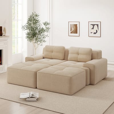 REDOM Modulaire 2-Zits Bank - Diepe Zitting met 32D Schuim - Minimalistisch Design - Voor Woonkamer - Ribstof - Beige - 204x177x69 cm
