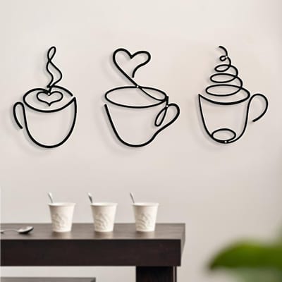 3-delige metalen wanddecoratie met zwarte koffiemok - minimalistische lijnkunst voor woonkamer, keuken, badkamer en eetkamer
