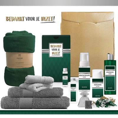 Geschenkset “Bedankt voor je inzet!” - 11 producten - 1910 gram | Luxe cadeaubox voor hem - Wellness Cadeaupakket man - Giftset Kerst - Geschenk Kerst Kerstpakket - Cadeau Pakket - Gift Set Collega Zorgwerker Medewerker Vrijwilliger Coach- Groen Goud