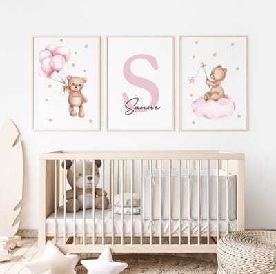 kinder kamer posters set 3 stuks 50x70cm met teddy beren, luchtballon en gepersonaliseerde naam (ZONDER FRAME)