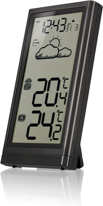 Ploutos® Weerstations - Thermometer Met Temperatuurweergave Voor Binnen - Buiten En Weersverwachting- Zwart - ‎8cm x 2cm x 15cm