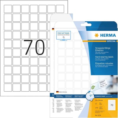 Weerbestendige folielabels A4 (24 x 24 mm, 25 vellen, zelfklevend, bedrukbaar) - 1.750 duurzame etiketten voor printer, wit
