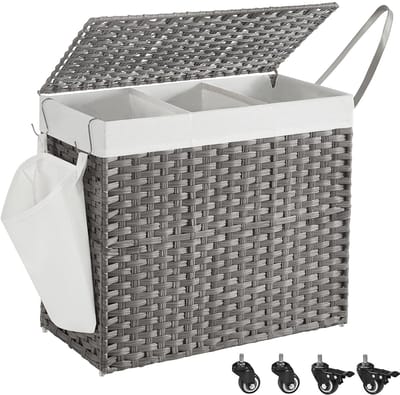 Wasmand met 3 Vakken & Deksel – Grijs Rotan Look – Met Wieltjes & Zijvak – Uitneembare Waszakken – 160L