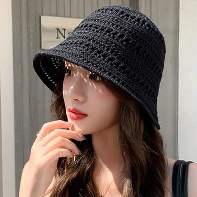 Dames Gehaakte Gebreide Bucket Hat Lichtgewicht Gehaakt Zomer Zon Hoed Ademend Strand Hoed Voor Reizen Buiten Uv Bescherming black