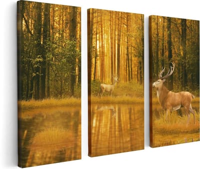 Artaza Canvas Schilderij Drieluik Twee Herten In Het Bos Bij Het Water - 120x80 - Foto Op Canvas - Canvas Print