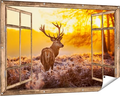 Gards Tuinposter Doorkijk Hert in Bos tijdens de Zonsopkomst - 150x100 cm - Tuindoek - Tuindecoratie - Wanddecoratie buiten - Tuinschilderij
