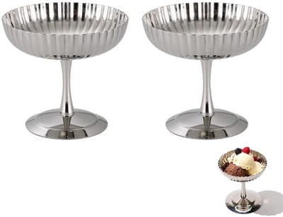 2-stuks Dessertbekers van roestvrij staal - IJsbekers van roestvrij staal - Yoghurtbekers - Puddingkommen - Herbruikbaar - Verticaal streepontwerp - Gemakkelijk op te bergen - Geschikt voor cafés, huizen, hotels en restaurants - Zilver