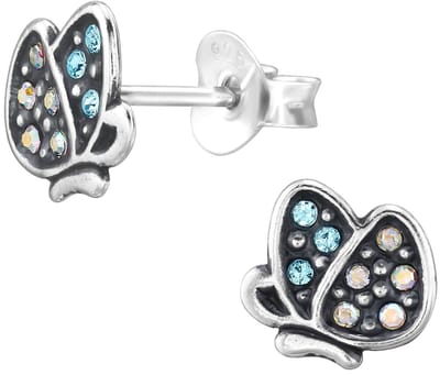 Joy|S - Zilveren vlinder oorbellen - 7.1 x 7.5 mm - geoxideerd met blauw en zacht licht roze kristalletjes