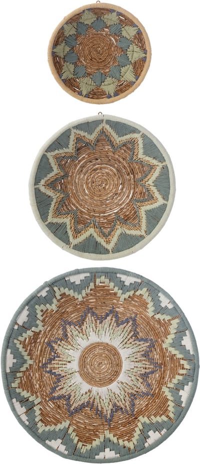 J-Line wanddecoratie Bananentak - riet - lichtblauw - set van 3